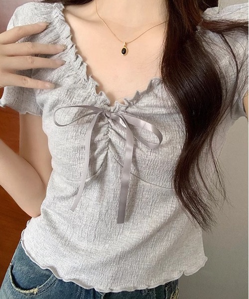 MAISON DE THERESE(メゾン ド テレーズ)の「ショート丈半袖Tシャツ(Tシャツ/カットソー・レディース・グリーン/アイボリー/グレー・S/M/L)」の3枚目の写真