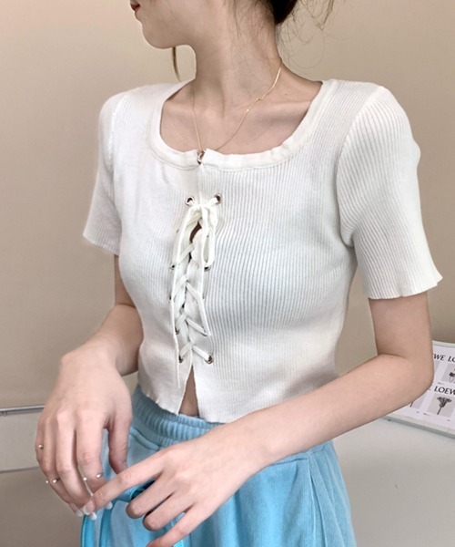 E453/未使用 新品 IRENE クロップドセーター シースルー レース 36 セール】クロップド丈レースアップTops（ニット/セーター