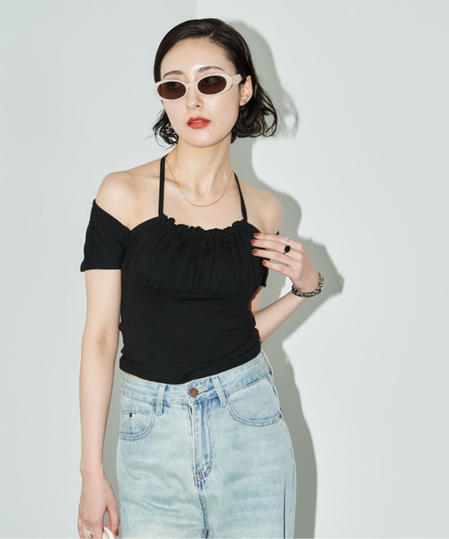 MOCOA'S(モコアズ)の「2WAYフロントギャザーオフショルトップス(Tシャツ/カットソー・レディース・ホワイト/ブラック/グレー・FREE)」の21枚目の写真