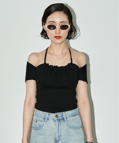 MOCOA'S(モコアズ)の「2WAYフロントギャザーオフショルトップス(Tシャツ/カットソー・レディース・ホワイト/ブラック/グレー・FREE)」の19枚目の写真