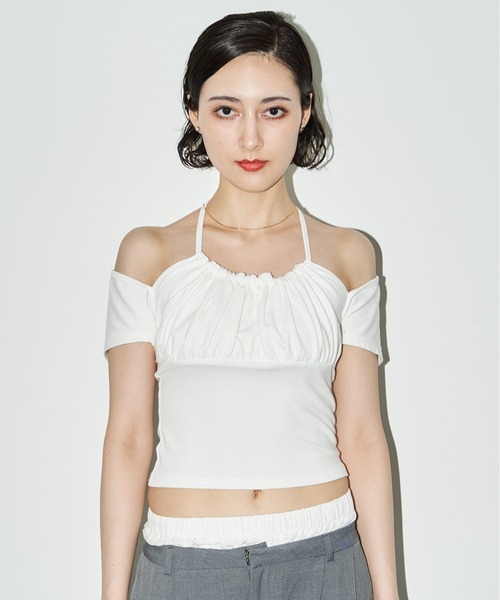 MOCOA'S(モコアズ)の「2WAYフロントギャザーオフショルトップス(Tシャツ/カットソー・レディース・ホワイト/ブラック/グレー・FREE)」の4枚目の写真