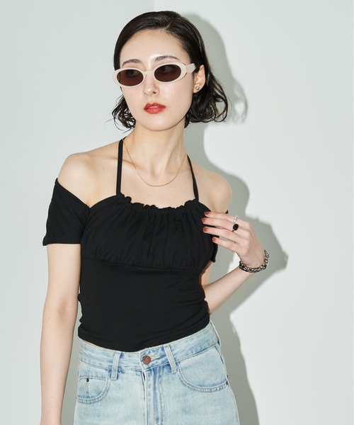 MOCOA'S(モコアズ)の「2WAYフロントギャザーオフショルトップス(Tシャツ/カットソー・レディース・ホワイト/ブラック/グレー・FREE)」の18枚目の写真