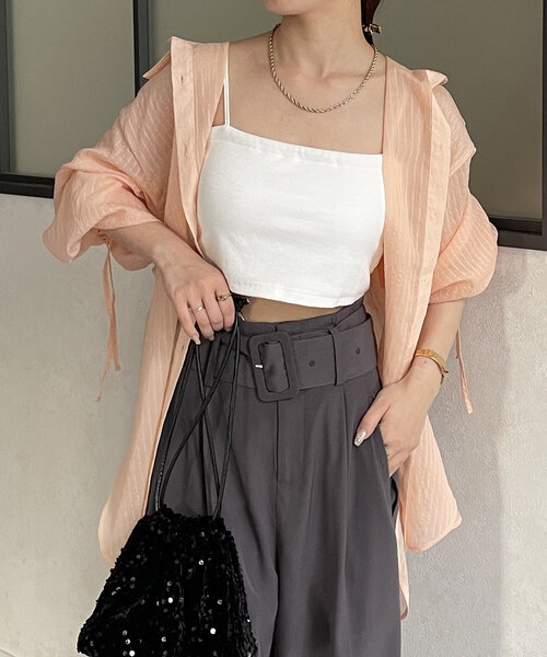 Thevon(ゼボン)の「バックドロストストライプシアーシャツ(シャツ/ブラウス・レディース・サーモンピンク/アイボリー/イエロー/ブルー・FREE)」の1枚目の写真