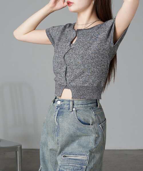 RAY CASSIN（レイカズン）の「カットホールシアーニット（ニット/セーター・レディース・ブルー/ライトグレー/ブラック・FREE）」の7枚目の写真