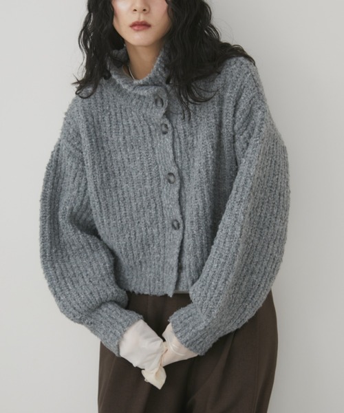 セール】スタンドネッククロップドミックスニットカーディガン