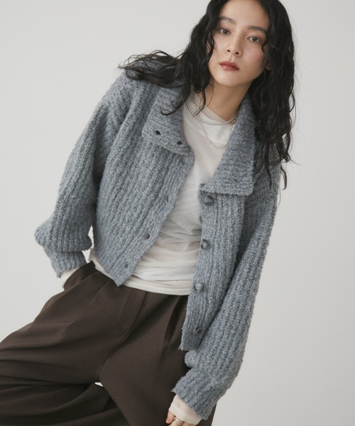 セール】スタンドネッククロップドミックスニットカーディガン
