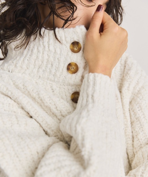 セール】スタンドネッククロップドミックスニットカーディガン