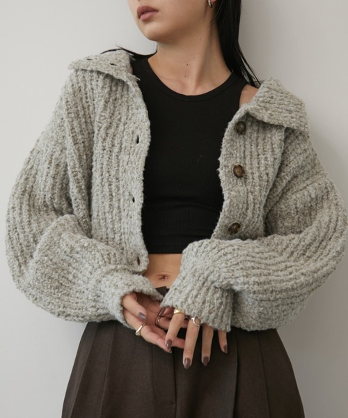 スタンドネッククロップドミックスニットカーディガン（カーディガン
