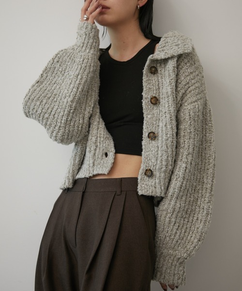 スタンドネッククロップドミックスニットカーディガン（カーディガン