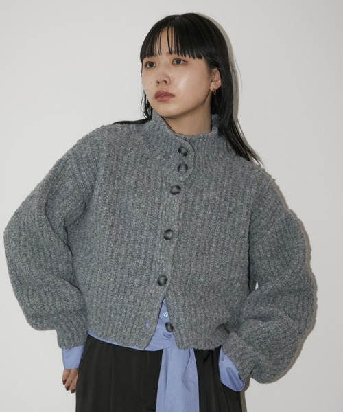 スタンドネッククロップドミックスニットカーディガン（カーディガン