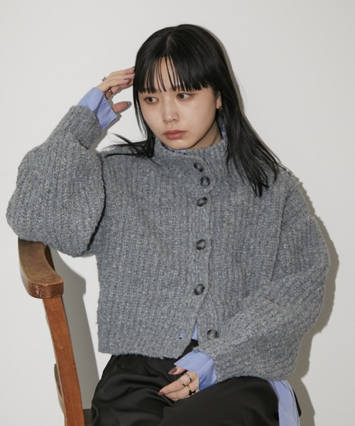 スタンドネッククロップドミックスニットカーディガン（カーディガン