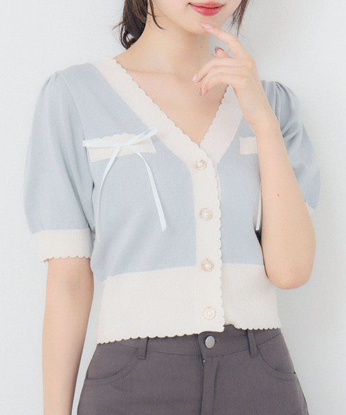 ems excite（エムズエキサイト）の「バイカラーショートNTカーデ（カーディガン/ボレロ・レディース・グリーン/オフホワイト/ブラック系その他3・FREE）」の3枚目の写真