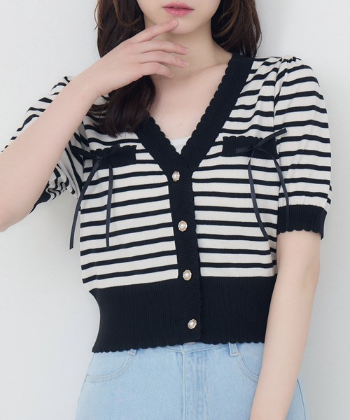 ems excite（エムズエキサイト）の「バイカラーショートNTカーデ（カーディガン/ボレロ・レディース・グリーン/オフホワイト/ブラック系その他3・FREE）」の2枚目の写真