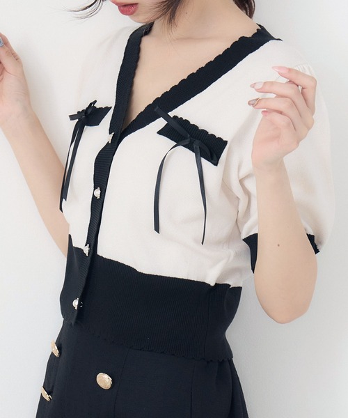 ems excite（エムズエキサイト）の「バイカラーショートNTカーデ（カーディガン/ボレロ・レディース・グリーン/オフホワイト/ブラック系その他3・FREE）」の5枚目の写真