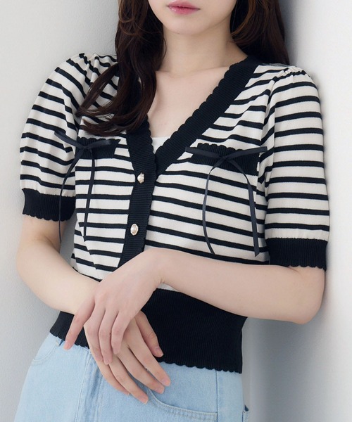 ems excite（エムズエキサイト）の「バイカラーショートNTカーデ（カーディガン/ボレロ・レディース・グリーン/オフホワイト/ブラック系その他3・FREE）」の12枚目の写真