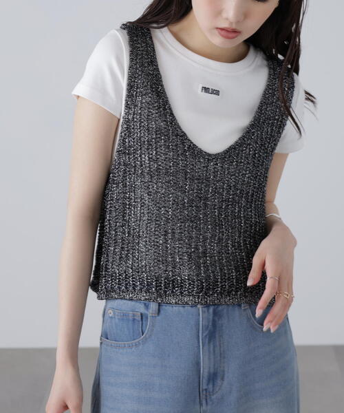 FREE'S MART（フリーズマート）の「前後2WAYラメニットメッシュベスト（ベスト・レディース・ゴールド/ブラック/シルバー/ブラウン・FREE）」の6枚目の写真
