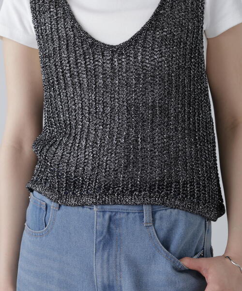 FREE'S MART（フリーズマート）の「前後2WAYラメニットメッシュベスト（ベスト・レディース・ゴールド/ブラック/シルバー/ブラウン・FREE）」の17枚目の写真