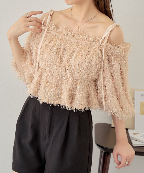 Chico（チコ）の「フリンジリボン短丈ブラウス（シャツ/ブラウス・レディース・ピンク/アイボリー/ブラック/ベージュ・FREE）」の3枚目の写真