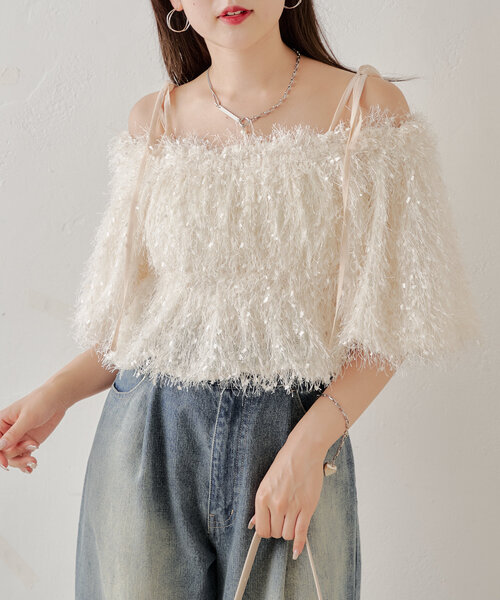 Chico（チコ）の「フリンジリボン短丈ブラウス（シャツ/ブラウス・レディース・ピンク/アイボリー/ブラック/ベージュ・FREE）」の6枚目の写真