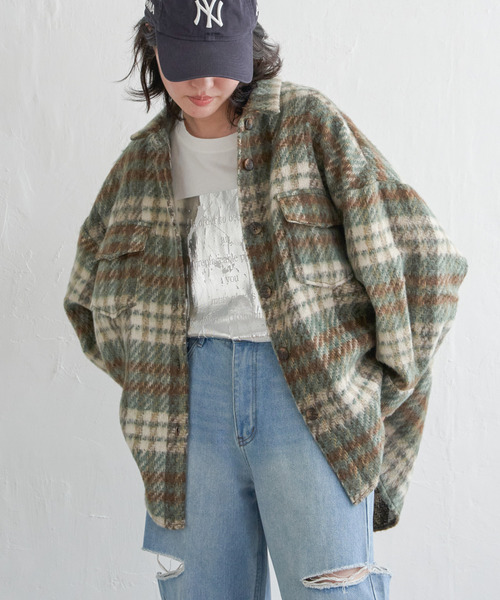 VENCEEXCHANGE（ヴァンスエクスチェンジ）の「シャギーチェックオーバーシャツ/ボリュームスリーブ/チェックジャケット/ヴィンテージ風（シャツ/ブラウス・レディース・オレンジ/ブラウン・M）」の2枚目の写真
