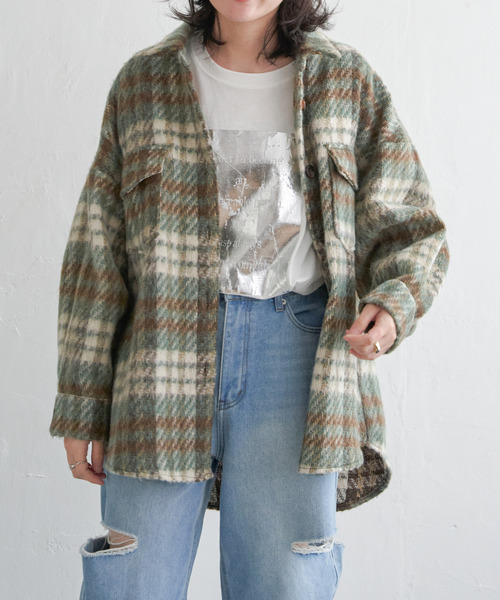 VENCEEXCHANGE（ヴァンスエクスチェンジ）の「シャギーチェックオーバーシャツ/ボリュームスリーブ/チェックジャケット/ヴィンテージ風（シャツ/ブラウス・レディース・オレンジ/ブラウン・M）」の6枚目の写真