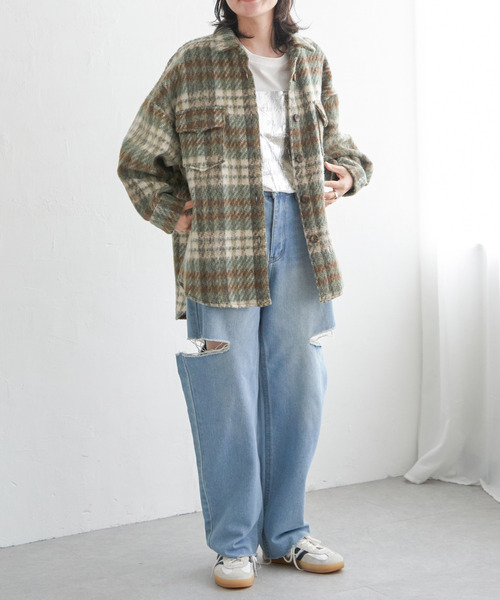 VENCEEXCHANGE（ヴァンスエクスチェンジ）の「シャギーチェックオーバーシャツ/ボリュームスリーブ/チェックジャケット/ヴィンテージ風（シャツ/ブラウス・レディース・オレンジ/ブラウン・M）」の22枚目の写真