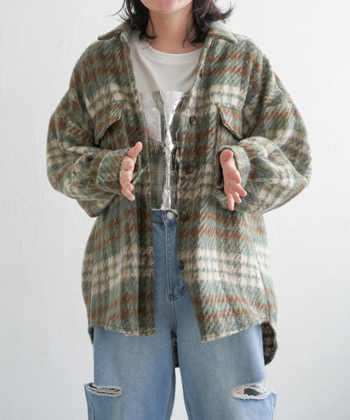 VENCEEXCHANGE（ヴァンスエクスチェンジ）の「シャギーチェックオーバーシャツ/ボリュームスリーブ/チェックジャケット/ヴィンテージ風（シャツ/ブラウス・レディース・オレンジ/ブラウン・M）」の3枚目の写真