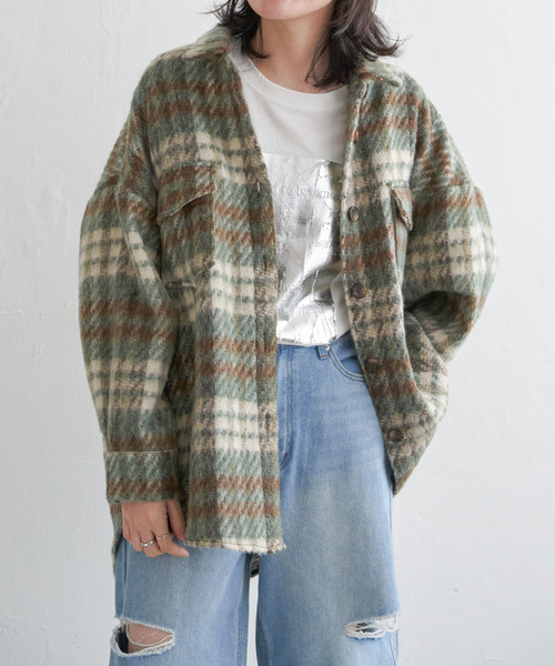 VENCEEXCHANGE（ヴァンスエクスチェンジ）の「シャギーチェックオーバーシャツ/ボリュームスリーブ/チェックジャケット/ヴィンテージ風（シャツ/ブラウス・レディース・オレンジ/ブラウン・M）」の7枚目の写真