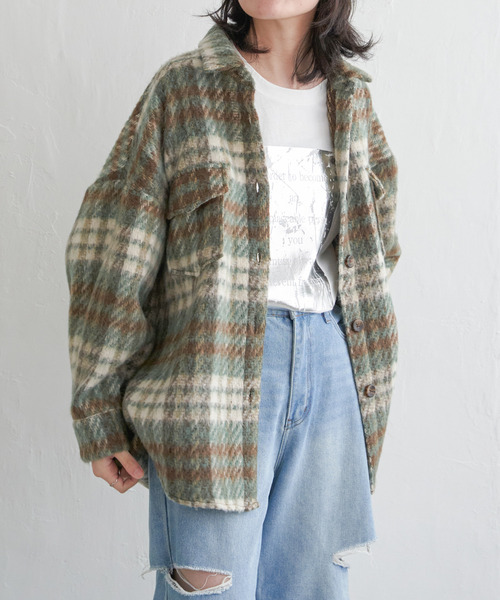 VENCEEXCHANGE（ヴァンスエクスチェンジ）の「シャギーチェックオーバーシャツ/ボリュームスリーブ/チェックジャケット/ヴィンテージ風（シャツ/ブラウス・レディース・オレンジ/ブラウン・M）」の9枚目の写真