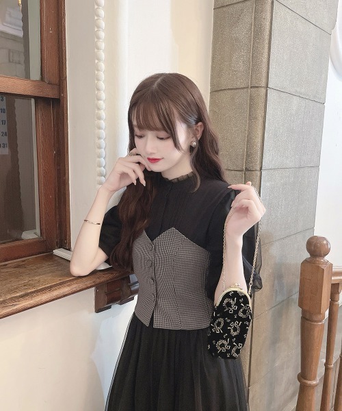 an another angelus（アンアナザーアンジェラス）の「【セットアップ対応/2サイズ展開】ミニチェックビスチェ/ananotherangelus（キャミソール・レディース・ブラウン/ブラック×グレー・2/1）」の4枚目の写真