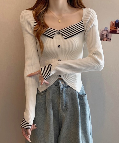 Miniministore(ミニミニストア)の「ニットトップス スクエアネック 韓国風(ニット/セーター・レディース・ホワイト/ブラック・FREE)」の2枚目の写真