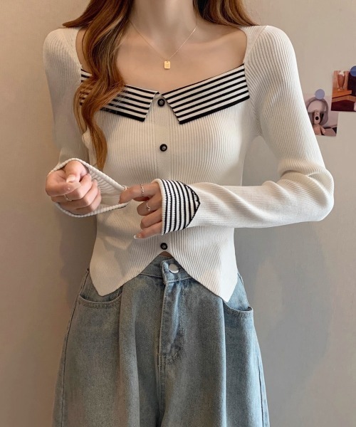Miniministore(ミニミニストア)の「ニットトップス スクエアネック 韓国風(ニット/セーター・レディース・ホワイト/ブラック・FREE)」の3枚目の写真
