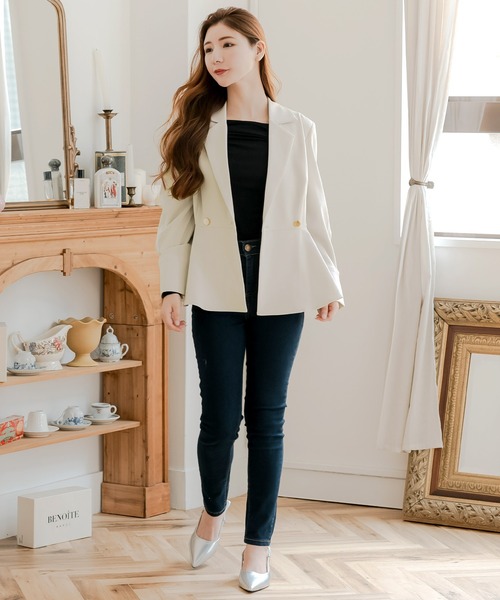 セール】ダブルボタン ペプラムジャケットトップス（テーラード