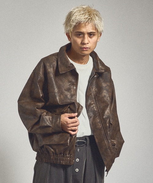 kutir(クティール)の「VINTAGE LIKE ARTIFICIAL GRAIN BLOUSON/ヴィンテージライク合成皮革ブルゾン(ブルゾン・メンズ・ブラウン/グレー/ブラック・MEDIUM/LARGE)」の6枚目の写真