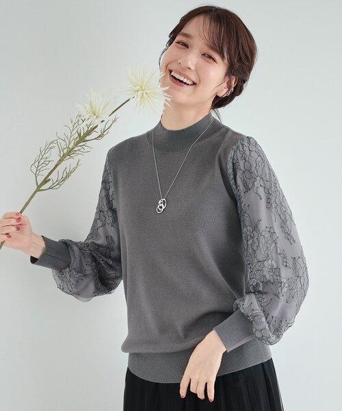 DRESKIP(ドレスキップ)の「◆【高レビュー/S-LL】大人可愛い お袖レースドッキングニット(ニット/セーター・レディース・グレー/ブルー/ブラック/ライトベージュ・01/02/03/04)」の3枚目の写真