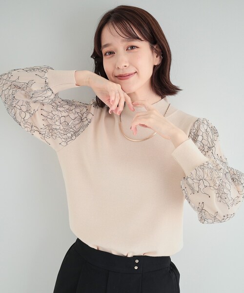 DRESKIP(ドレスキップ)の「◆【高レビュー/S-LL】大人可愛い お袖レースドッキングニット(ニット/セーター・レディース・グレー/ブルー/ブラック/ライトベージュ・01/02/03/04)」の4枚目の写真