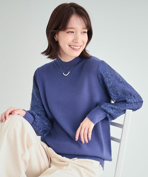 DRESKIP(ドレスキップ)の「◆【高レビュー/S-LL】大人可愛い お袖レースドッキングニット(ニット/セーター・レディース・グレー/ブルー/ブラック/ライトベージュ・01/02/03/04)」の1枚目の写真