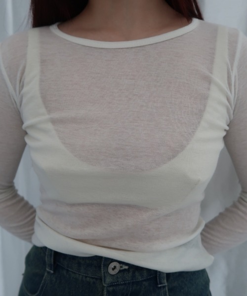 FEKETE（フェケテ）の「SHEER LONG SLEEVE TEE / シアーロンT（Tシャツ/カットソー・レディース・グレー/アイボリー/ブラック/ピンク/レッド・FREE）」の6枚目の写真