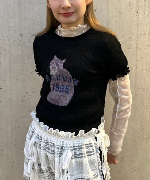 Candy Stripper(キャンディストリッパー)の「LAZY CAT SHIRRING トップス(Tシャツ/カットソー・レディース・オフホワイト/ブラック/ピンク・FREE)」の3枚目の写真