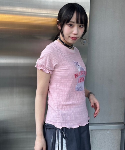 Candy Stripper(キャンディストリッパー)の「LAZY CAT SHIRRING トップス(Tシャツ/カットソー・レディース・オフホワイト/ブラック/ピンク・FREE)」の13枚目の写真