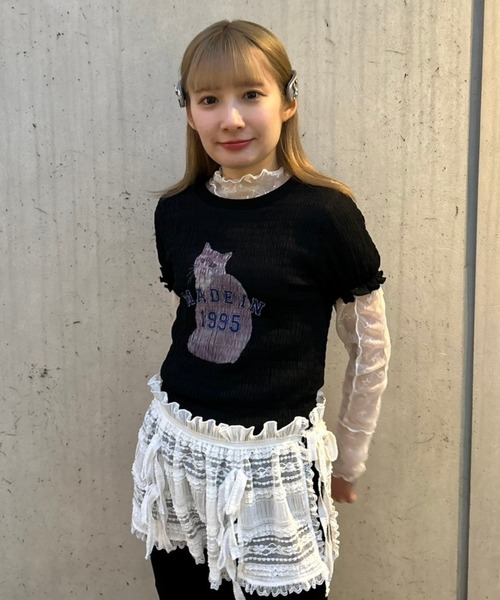 Candy Stripper(キャンディストリッパー)の「LAZY CAT SHIRRING トップス(Tシャツ/カットソー・レディース・オフホワイト/ブラック/ピンク・FREE)」の8枚目の写真