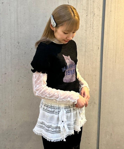 Candy Stripper(キャンディストリッパー)の「LAZY CAT SHIRRING トップス(Tシャツ/カットソー・レディース・オフホワイト/ブラック/ピンク・FREE)」の9枚目の写真