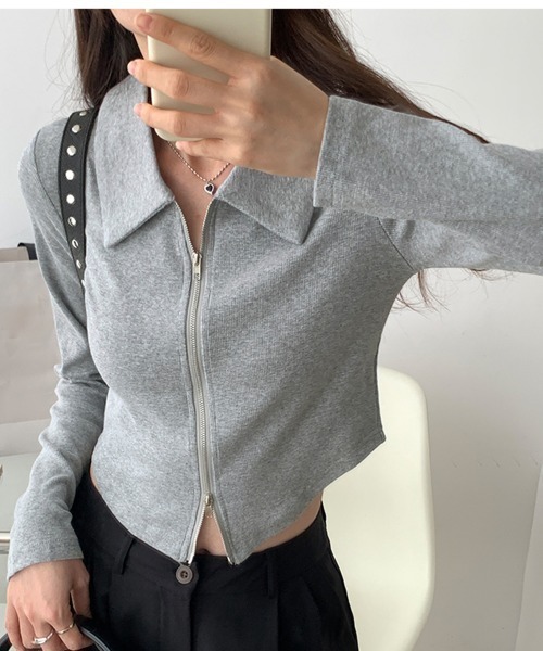 Kuroba(クロバ)の「ダブルファスナークロップド丈リブ編みトップス(Tシャツ/カットソー・レディース・ブラック/ホワイト/グレー・L/M/S)」の12枚目の写真