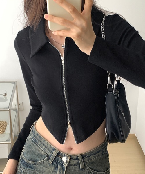 Kuroba(クロバ)の「ダブルファスナークロップド丈リブ編みトップス(Tシャツ/カットソー・レディース・ブラック/ホワイト/グレー・L/M/S)」の9枚目の写真