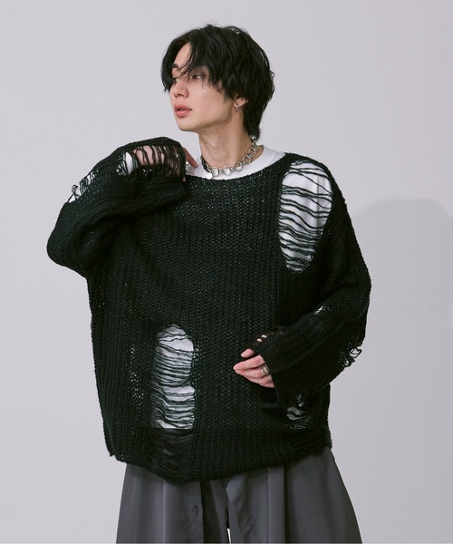 【shiro】LOEFF ダメージニット LOEFF＞ダメージ Vネック ニット プルオーバー（ニット/セーター