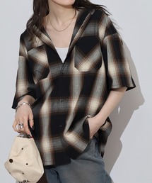 SUGGESTION(TWFbV)Recycled yarn ombre check short-sleeved shirt / TCN Iu`FbNVc unisex(Vc/uEX)