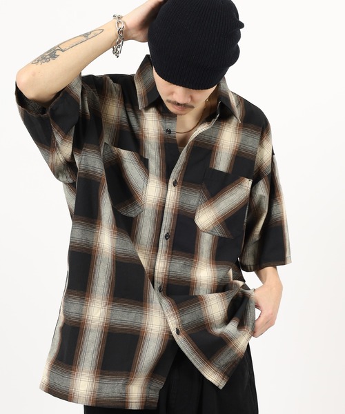 セール】Recycled yarn ombre check short-sleeved shirt / リサイクル