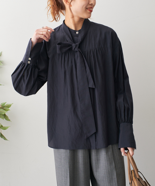 Max Mara ボウタイ付ギャザー長袖ブラウス 黒 サイズL*ZC2013