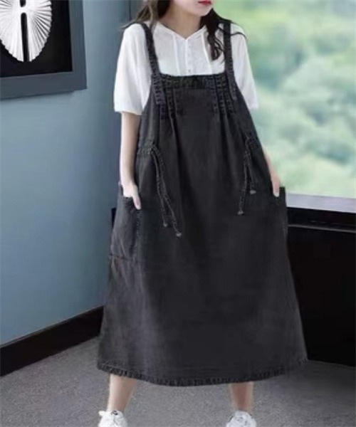 FREE STYLISTS（フリー スタイリスト）の「上品デニムジャパンスカートワンピース（ジャンパースカート・レディース・ブラック・M/2XL）」の4枚目の写真