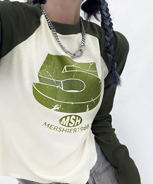 VIBGYOR（ヴィブジョー）の「【EIZZ/アイズ】ヴィンテージ プリント ラグランロンT（Tシャツ/カットソー・レディース・ネイビー/グリーン・FREE）」の5枚目の写真